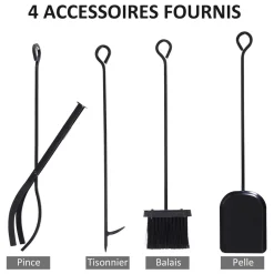 Serviteur de cheminée colonne - porte bûches - range bûches multi accessoires dim. 34L x 34l x 111H cm métal noir