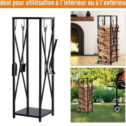 Serviteur de cheminée colonne - porte bûches - range bûches multi accessoires dim. 34L x 34l x 111H cm métal noir