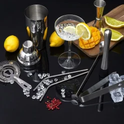 Set à cocktail avec 15 accessoires en acier inoxydable et un support en bois de Pin