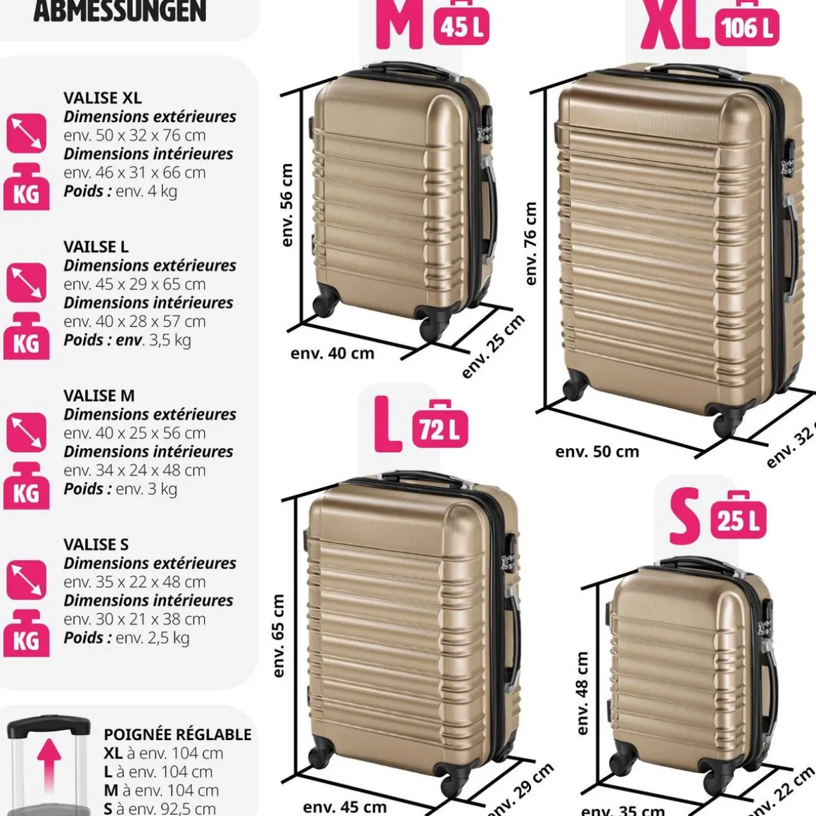 Set de 4 Valises Trolley - ABS - 4 Roues Pivotantes à 360°