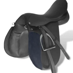Set de selle équitation 16 en cuir véritable 14 cm 5 en 1 noir