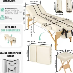 Set de table de massage 3 zones avec rembourrage de 10cm et châssis en bois