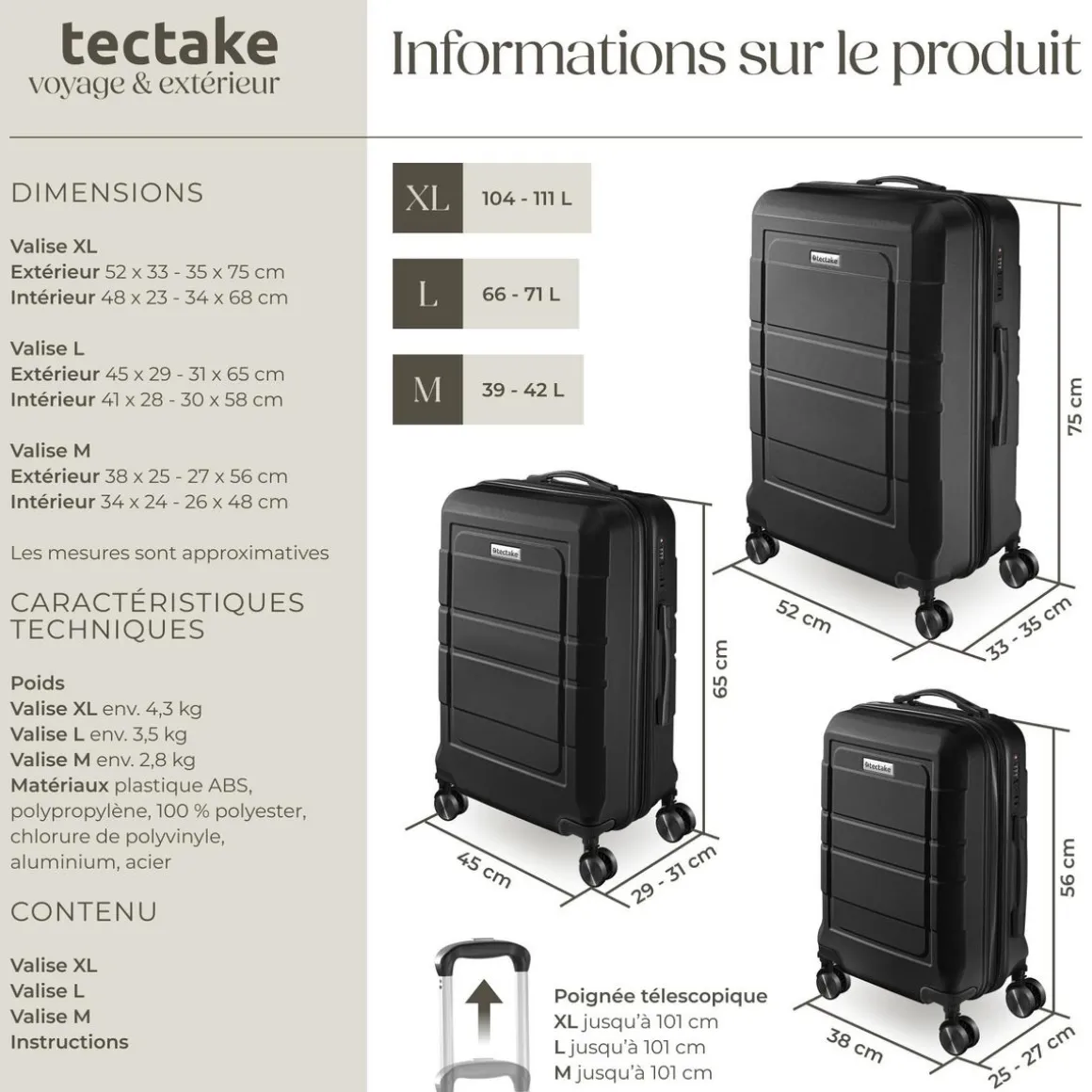 Set de valises rigides BRICE 3 pièces avec serrure à code