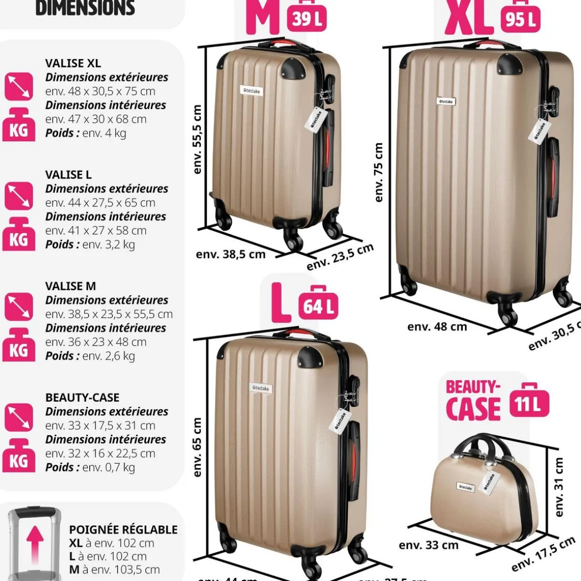Set de valises rigides Cleo 4 pièces avec pèse-valise