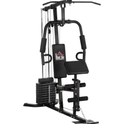 Station de musculation - entrainement complet - développé couché, butterfly, barre latissimus, curler, bande résistance - 9 contrepoids - acier noir