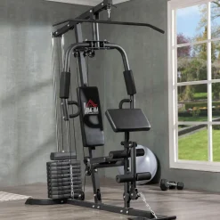 Station de musculation - entrainement complet - développé couché, butterfly, barre latissimus, curler, bande résistance - 9 contrepoids - acier noir