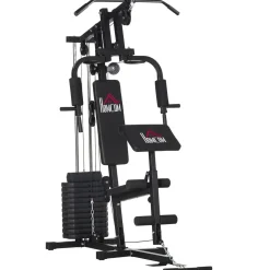 Station de musculation - entrainement complet - développé couché, butterfly, barre latissimus, curler, bande résistance - 11 contrepoids - acier noir