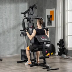 Station de musculation - entrainement complet - développé couché, butterfly, barre latissimus, curler, bande résistance - 11 contrepoids - acier noir