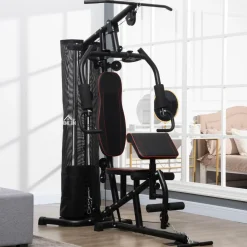 Station de musculation - entrainement complet - développé couché, butterfly, barre latissimus, curler, bande résistance, 10 contrepoids - acier noir rouge