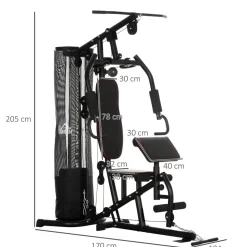 Station de musculation - entrainement complet - développé couché, butterfly, barre latissimus, curler, bande résistance, 10 contrepoids - acier noir rouge