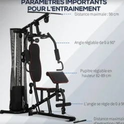 Station de musculation - entrainement complet - développé couché, butterfly, barre latissimus, curler, bande résistance, 10 contrepoids - acier noir rouge