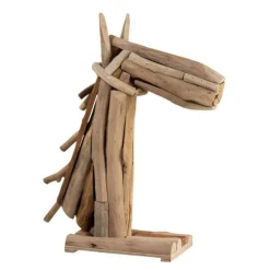 Statue Déco en Bois Tête de Cheval 28cm Naturel