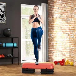 Stepper aérobic fitness hauteur réglable 3 niv. 10/15/20 cm surface antidérapante PE rouge