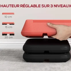Stepper aérobic fitness hauteur réglable 3 niv. 10/15/20 cm surface antidérapante PE rouge