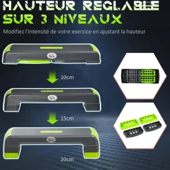 Stepper Fitness Aerobic hauteur reglable surface antiderapante dim. 78L x 28l x 10/15/20H cm PP noir vert