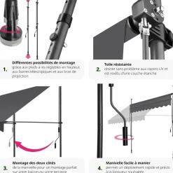 Store à pince sans perçage avec manivelle, réglable en hauteur