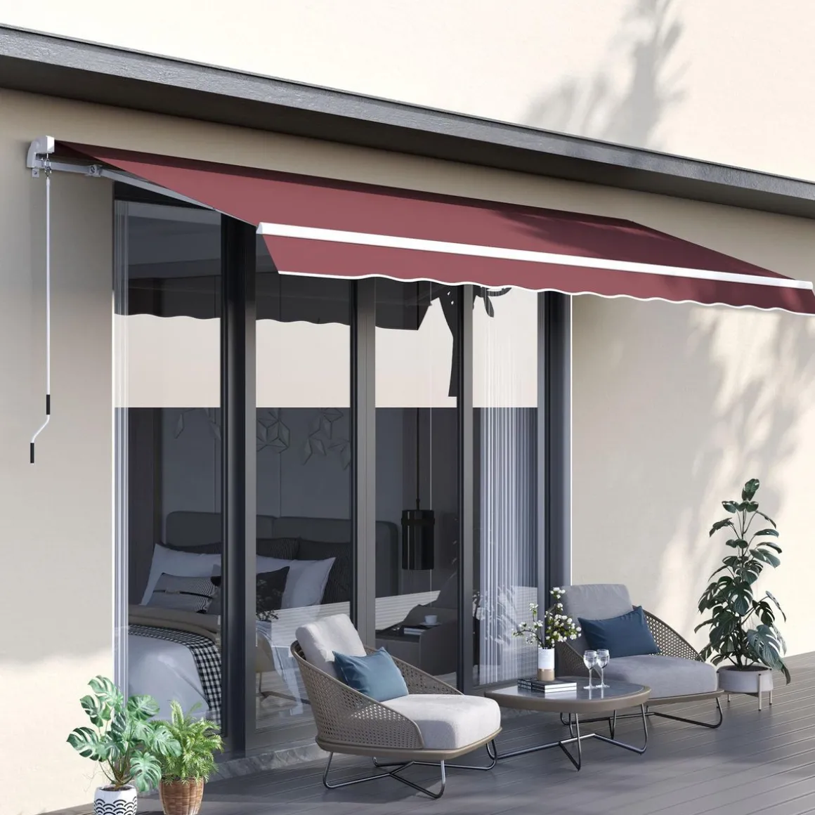 Store banne manuel rétractable aluminium polyester imperméabilisé 3,5L x 2,5l m bordeaux