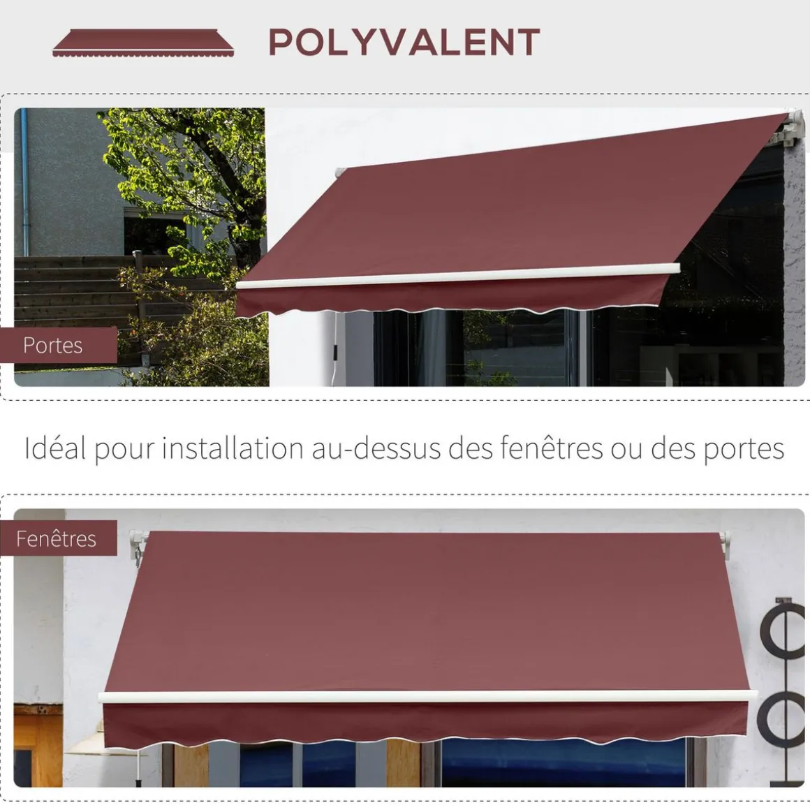 Store banne manuel rétractable aluminium polyester imperméabilisé 3,5L x 2,5l m bordeaux
