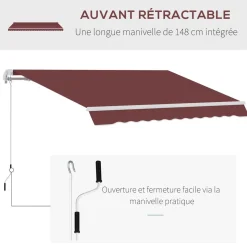 Store banne manuel rétractable aluminium polyester imperméabilisé 3,5L x 2,5l m bordeaux