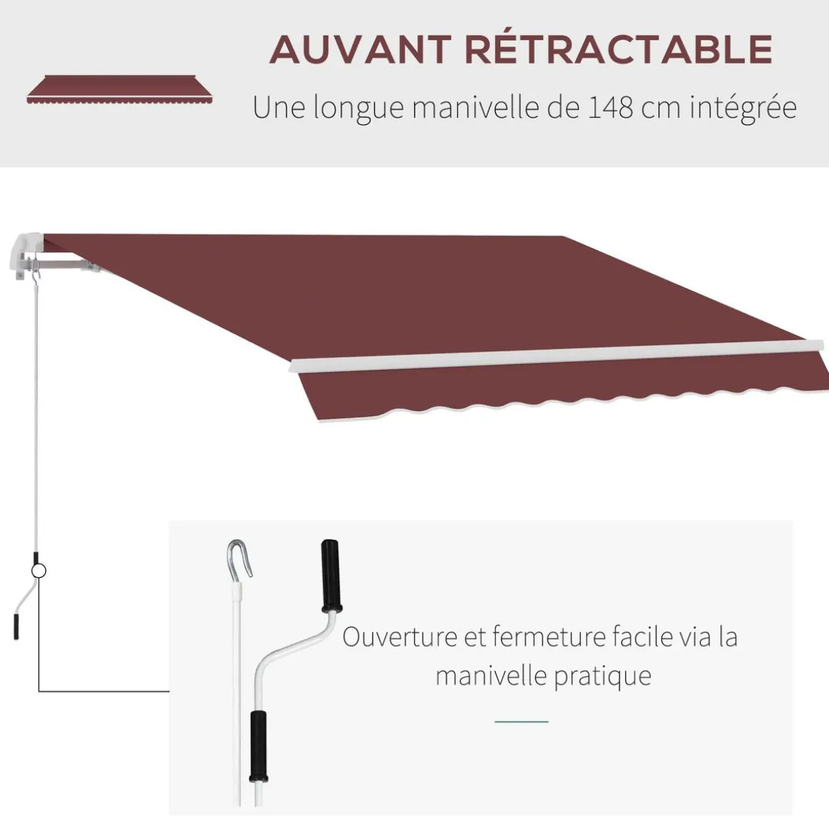 Store banne manuel rétractable aluminium polyester imperméabilisé 3,5L x 2,5l m bordeaux