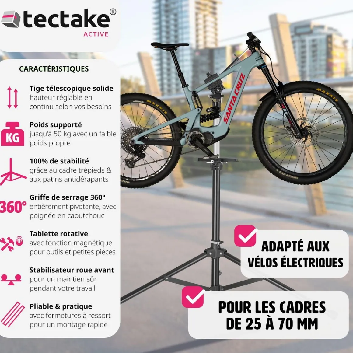 Support de réparation pour vélo Tristan jusqu'à 50kg, adapté aux vélos électriques