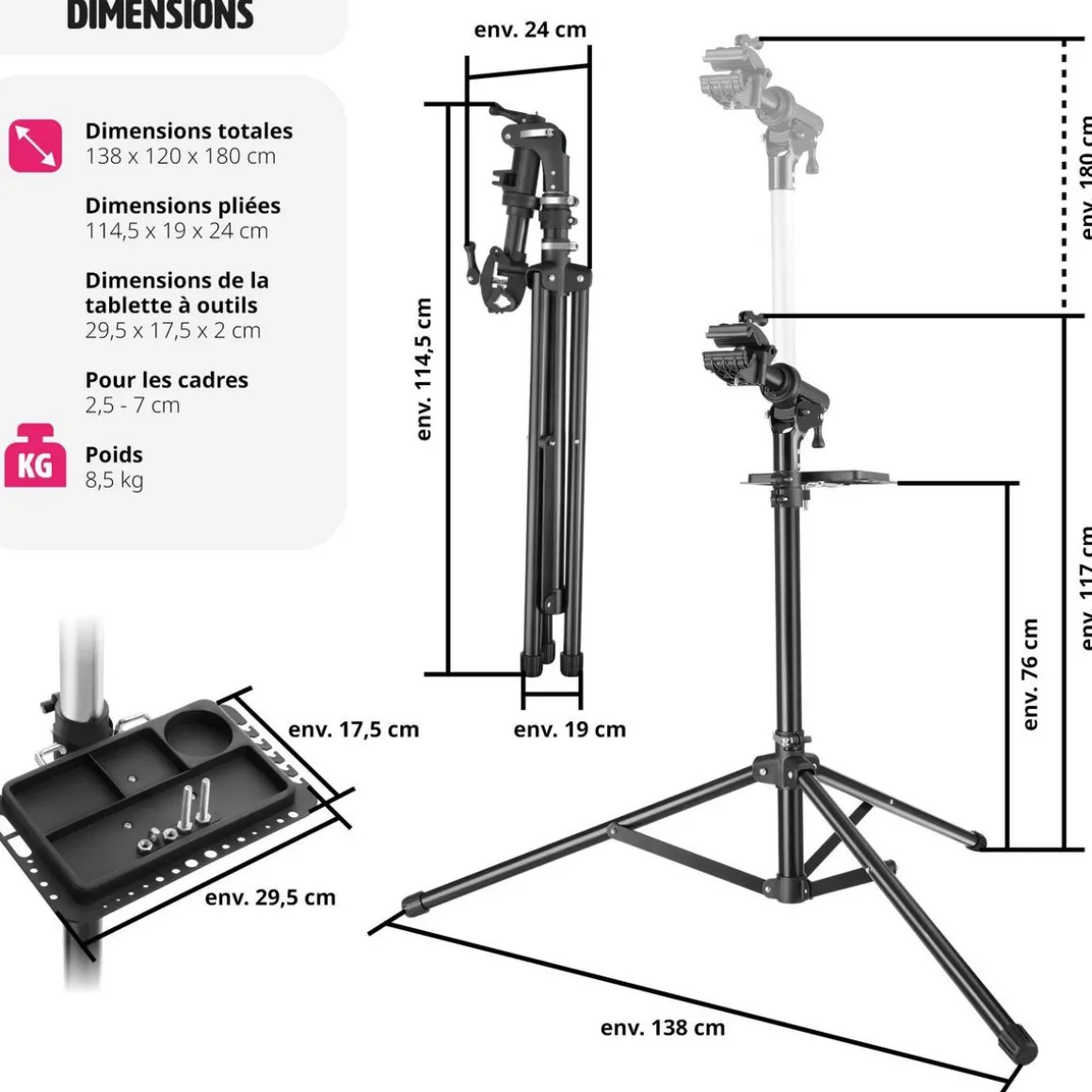 Support de réparation pour vélo Tristan jusqu'à 50kg, adapté aux vélos électriques