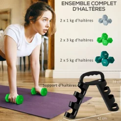 Support noir pour 6 haltères vinyles - 6 haltères incluses total 48 Kg - noir gris vert