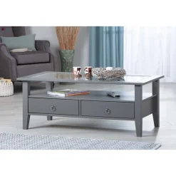 Table basse rectangulaire en bois massif 2 tiroirs plateau verre L115cm CASSIS