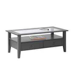 Table basse rectangulaire en bois massif 2 tiroirs plateau verre L115cm CASSIS