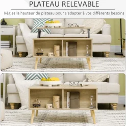 Table basse relevable - 2 niches, coffre de rangement - dim. 85L x 60l x 59,5H cm - aspect bois chêne clair