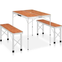 Table de camping pliable avec 2 bancs Aluminium Marron