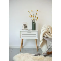 Table de chevet Finja avec 1 tiroir en Bambou et MDF - Blanc et bois