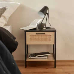 Table de chevet noir et cannage 40 x 40 x 48cm - Bianca - 1 tiroir. 1 étagère