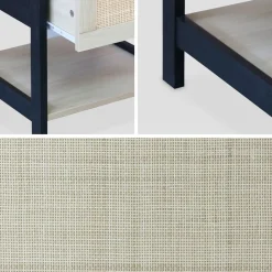 Table de chevet noir et cannage 40 x 40 x 48cm - Bianca - 1 tiroir. 1 étagère