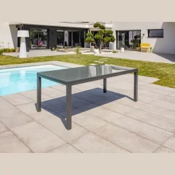 Table de jardin rectangulaire - 10/12 places - Aluminium et plateau en verre - Anthracite - TOLEDE