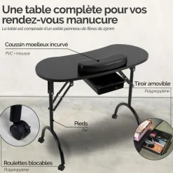 Table de manucure professionnelle pliante avec tiroir, roulettes et housse de transport - Noir