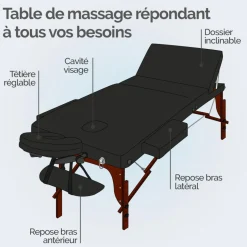 Table de massage 15 cm pliante 3 zones en bois foncé avec panneau Reiki + Accessoires et housse de transport - Noir