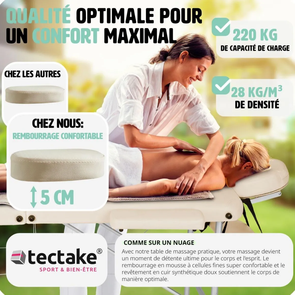 Table de massage 3 zones avec rembourrage de 5cm et châssis en aluminium et rouleaux