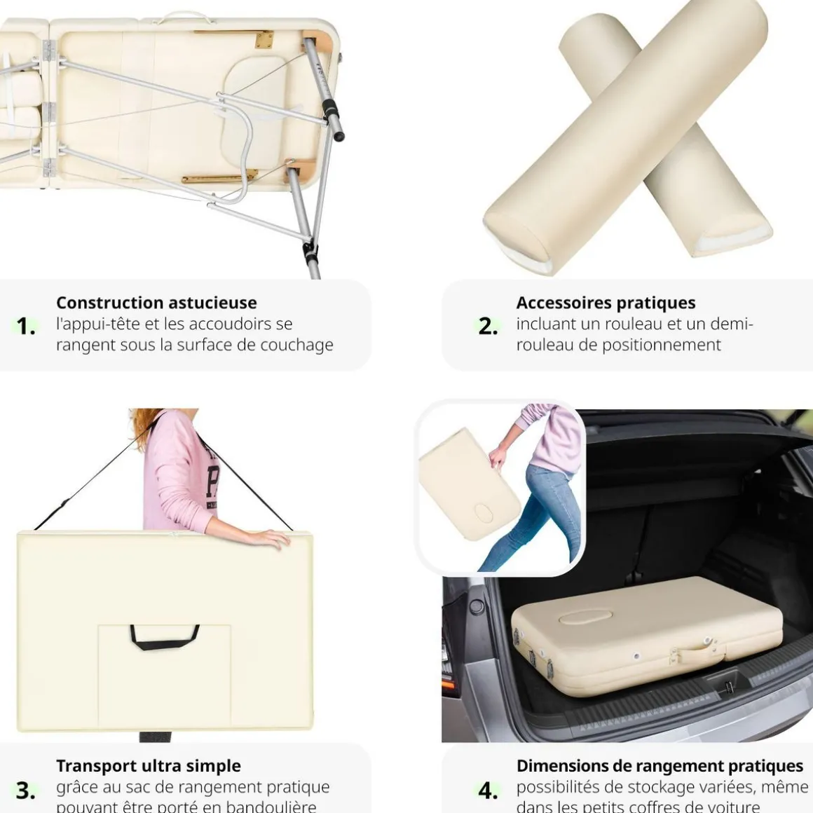 Table de massage 3 zones avec rembourrage de 5cm et châssis en aluminium et rouleaux