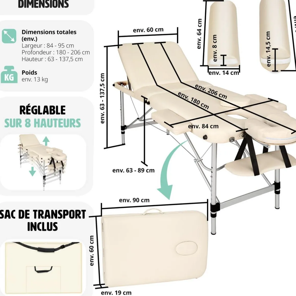 Table de massage 3 zones avec rembourrage de 5cm et châssis en aluminium et rouleaux