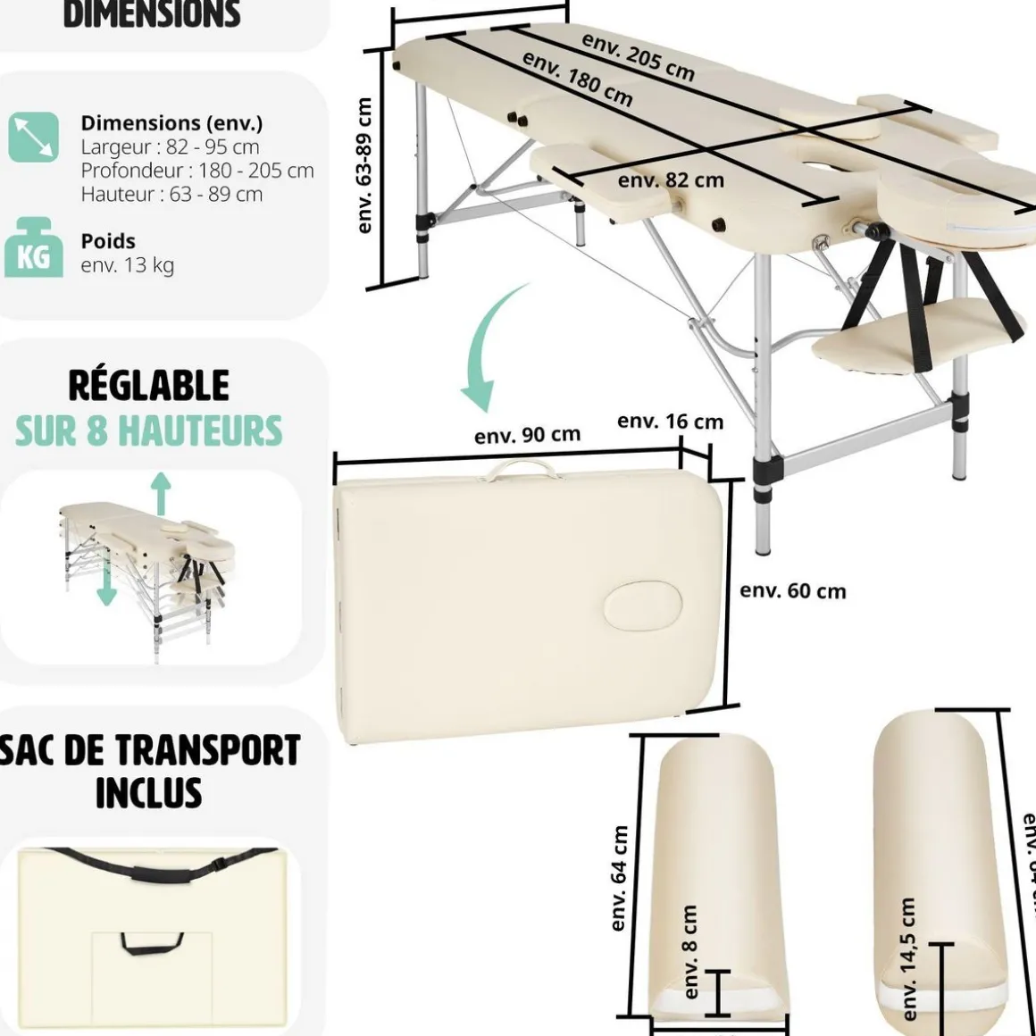 Table de massage 2 zones avec rouleaux de massage