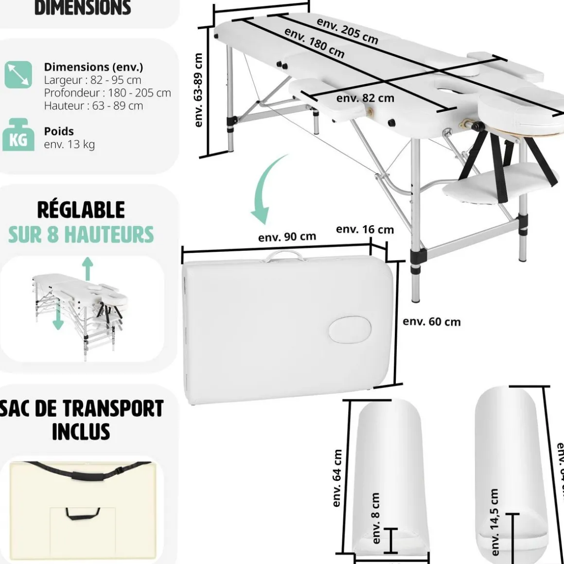 Table de massage 2 zones avec rouleaux de massage