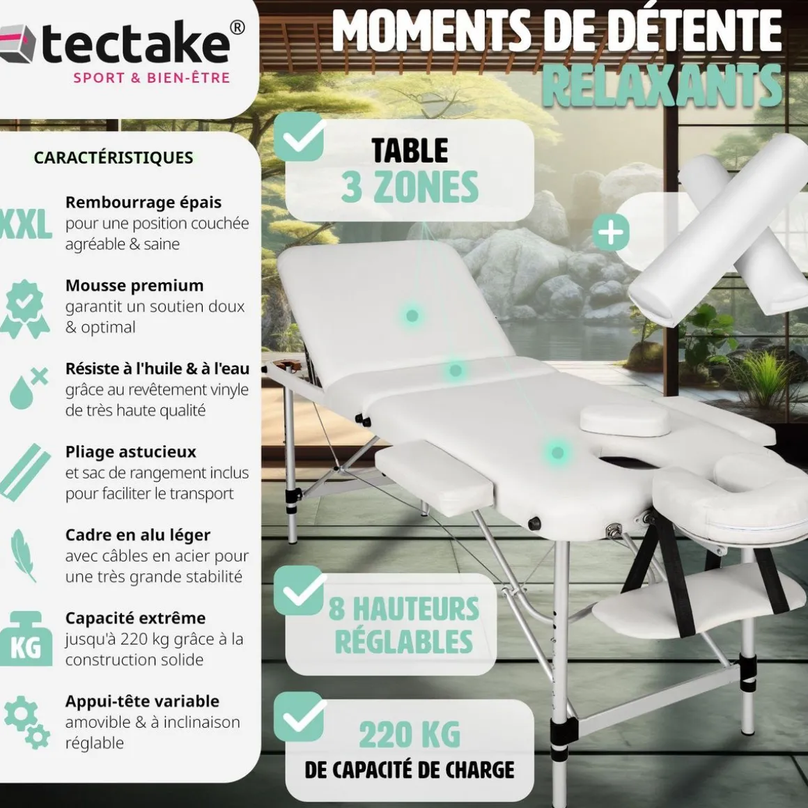 Table de massage 3 zones avec rembourrage de 5cm et châssis en aluminium et rouleaux