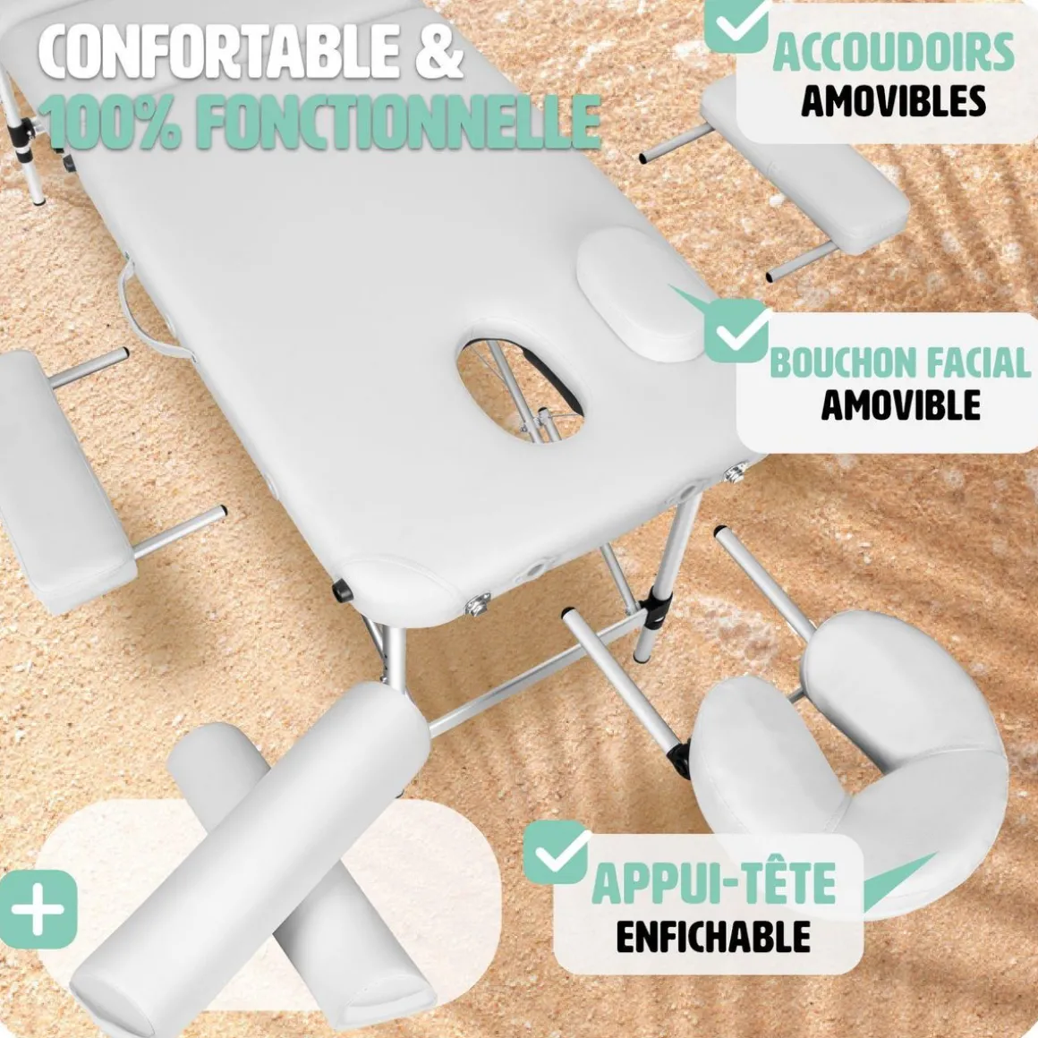 Table de massage 3 zones avec rembourrage de 5cm et châssis en aluminium et rouleaux