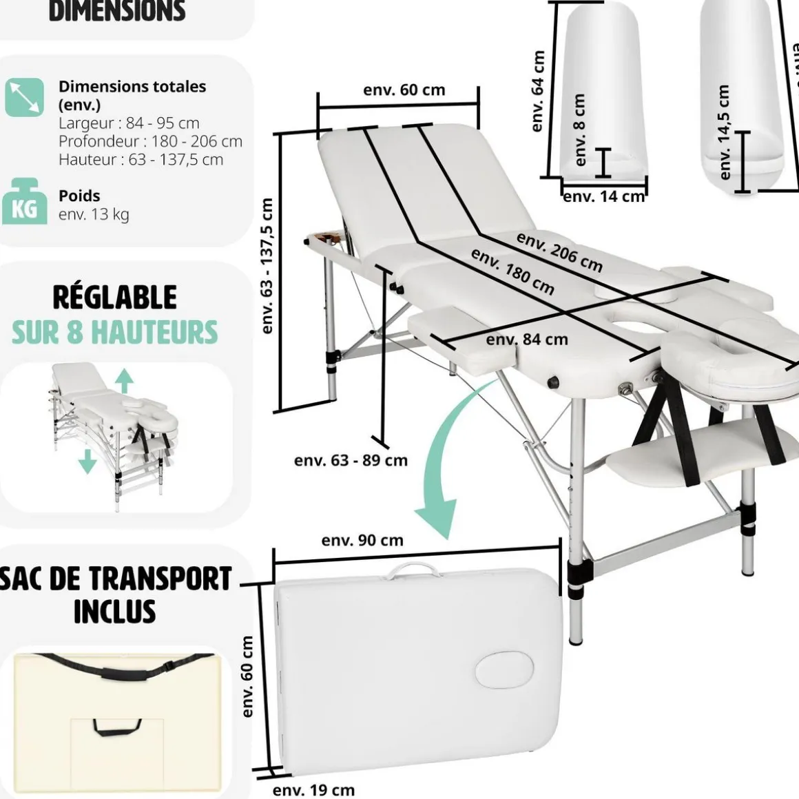 Table de massage 3 zones avec rembourrage de 5cm et châssis en aluminium et rouleaux