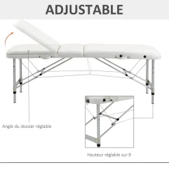 Table de massage pliable 3 zones hauteur réglable dim. 215L x 60l x 61-84H cm alu. synthétique PVC blanc