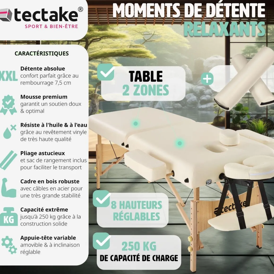 Table de massage Pliante 2 Zones 7,5 cm d'épaisseur