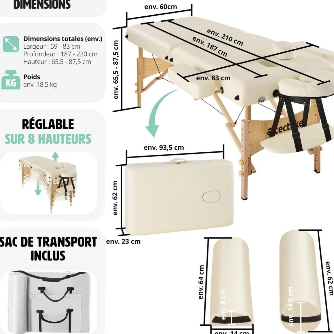 Table de massage Pliante 2 Zones 7,5 cm d'épaisseur