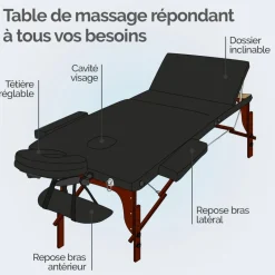 Table de massage pliante 3 zones en bois foncé avec panneau Reiki + Accessoires et housse de transport - Noir