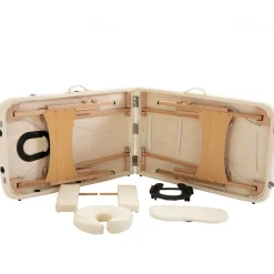 Table de massage pliante lit table de beauté 2 zones portable sac de tranport inclus hauteur réglable dim. 182L x 60l x 61-87H cm bois massif revêtement synthétique crème